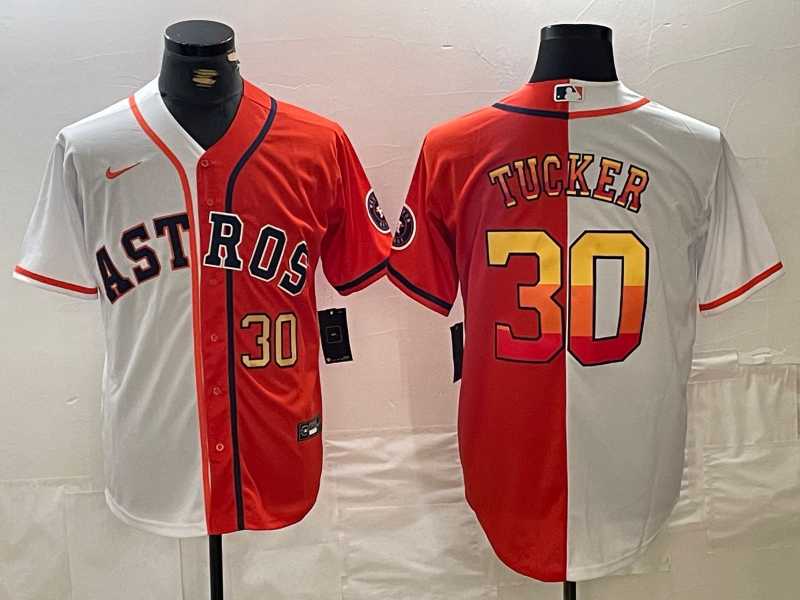 Men%27s Houston Astros #30 Kyle Tucker White Orange Split Stitched Baseball Jerseys Dzhi